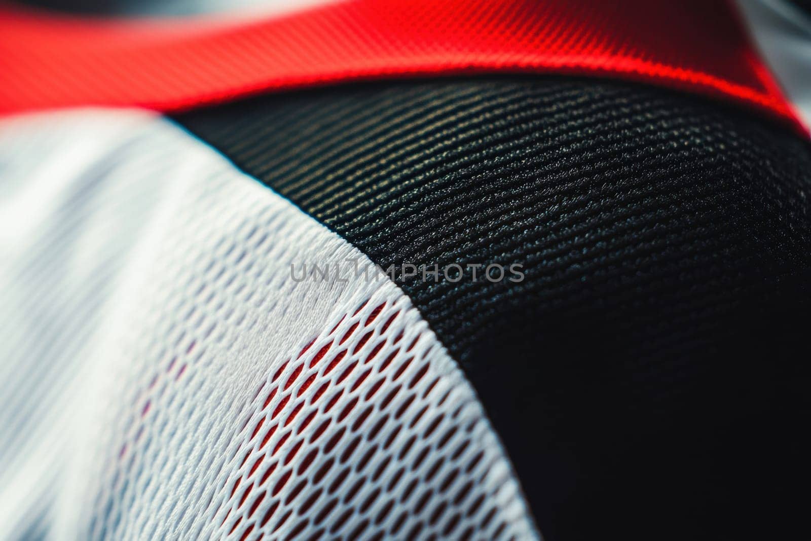 Close-up view focused on the sleeve area of a sports jersey, showcasing precise stitching and logo placement. the blurred studio background highlights the texture and design elements, bringing attention to the garments craftsmanship.