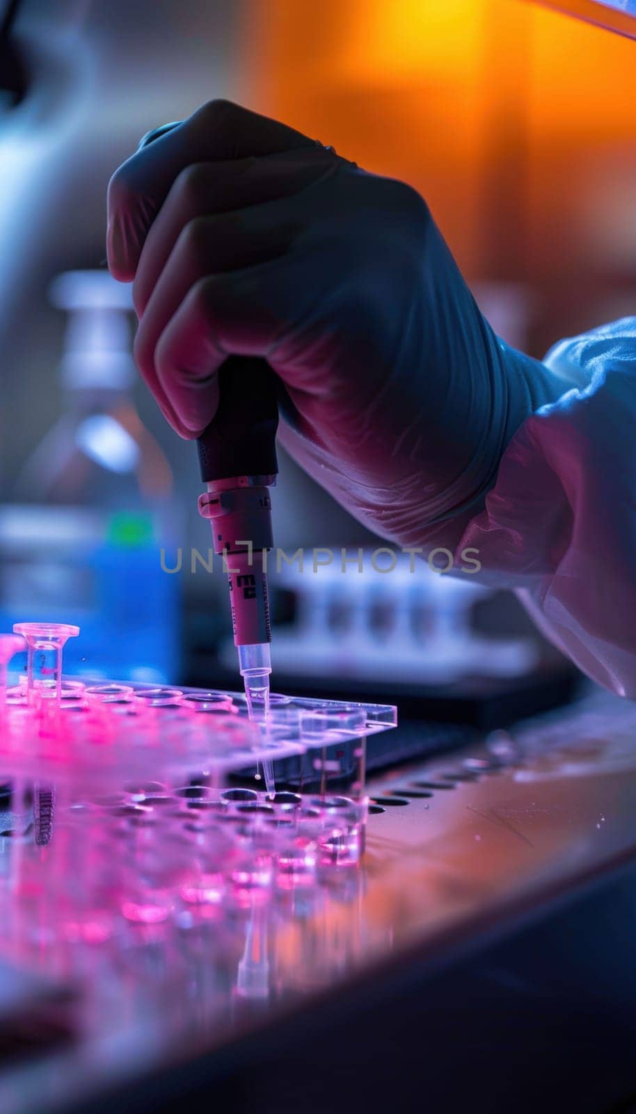 A bioengineer's gloved hands skillfully transfer samples using a micropipette in a cutting-edge laboratory, demonstrating meticulous attention to detail and advanced scientific techniques essential for precise research outcomes.