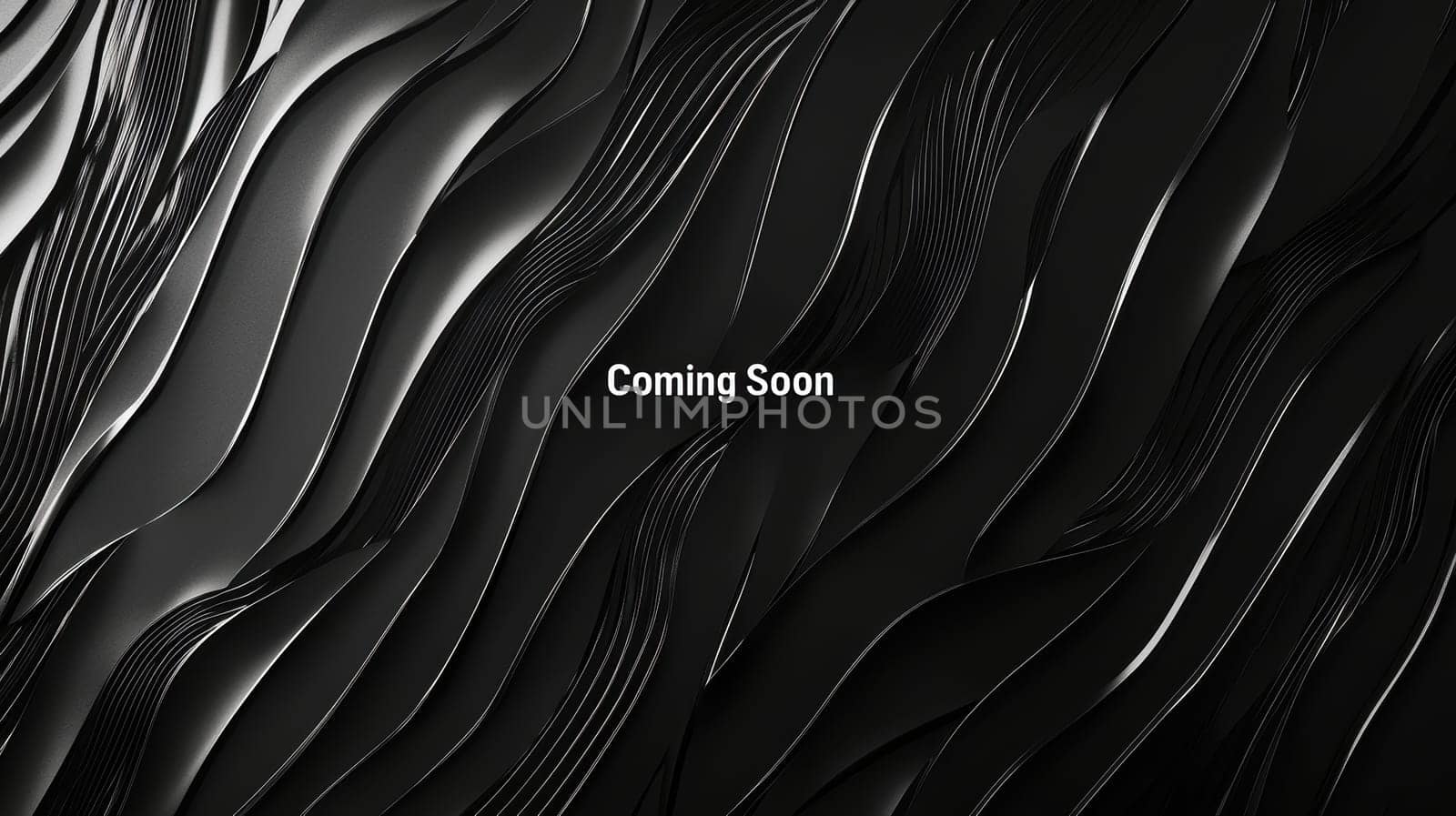 A sleek, minimalist black and white poster featuring "coming soon" elegantly embossed in the center. the background showcases subtle spotlighting with flowing, abstract lines, creating a sophisticated, cinematic ambiance ideal for promotions.