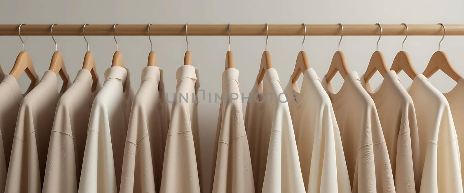 A serene procession of neutral tones whispers minimalist calm. Wooden hangers sway gently, holding memories of quiet mornings and soft fabrics against skin. Simplicity breathes here, a sanctuary from chaos.