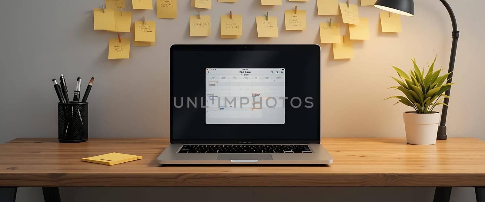 A serene workspace bathes in soft light, where a laptop hums with quiet purpose. Yellow notes flutter like optimistic whispers, while a lonely plant dreams of growth. The room is a sanctuary, a haven for thoughts and ambitions, where every pencil and sticky note tells a story of dreams woven into reality.