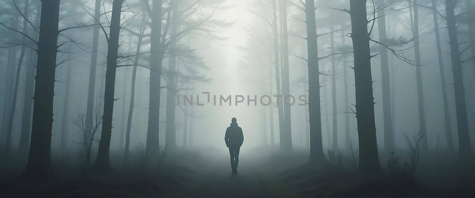 Lost in mist, a lone figure treads through a spectral forest, the silence as thick as the fog. A chill lingers, as if the trees themselves whisper secrets, creating an eerie, haunting solitude. The faint light barely pierces the gloom, leaving an unsettling hush that prickles the skin.