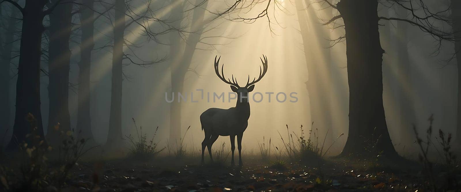 In a hallowed forest, a regal stag stands, bathed in ethereal light. Mist hugs the earth, as ancient trees whisper secrets. Awe and tranquility merge, evoking wonder and reverence for nature's majesty.