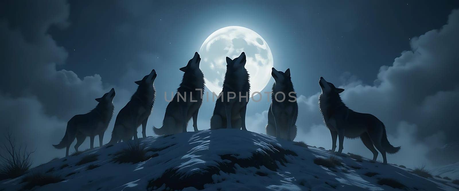 Under the moon's ethereal glow, six wolves howl into the night, their silhouettes stark against the icy, indigo sky. A haunting chorus echoes through the frost-kissed air, stirring a primal longing. The wind whispers secrets as the pack unites, their cries a symphony of wild, untamed freedom.