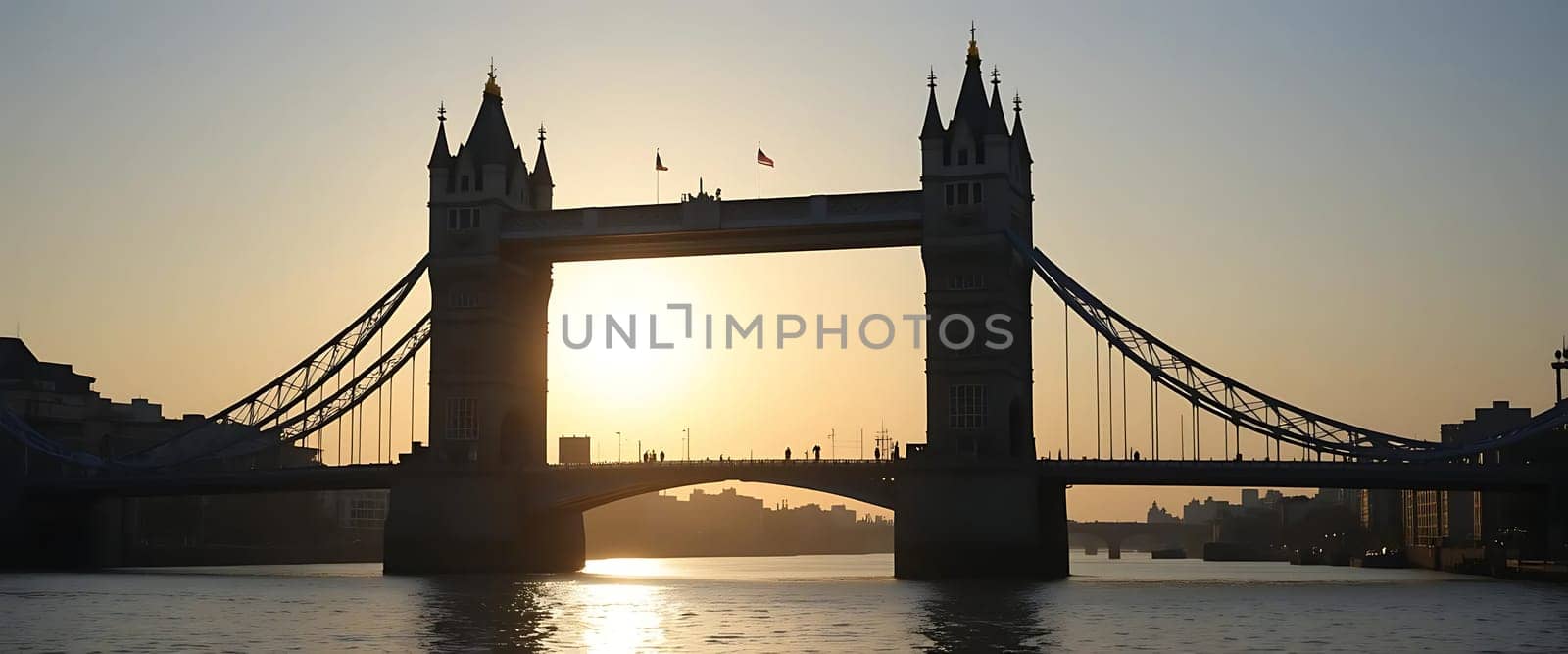 As the sun slowly sets, silhouetting London's iconic bridge against a golden sky, a quiet majesty pervades. The city's heartbeat slows, and a serene calm blankets the river, evoking a sense of timeless tranquility and hushed reverence.
