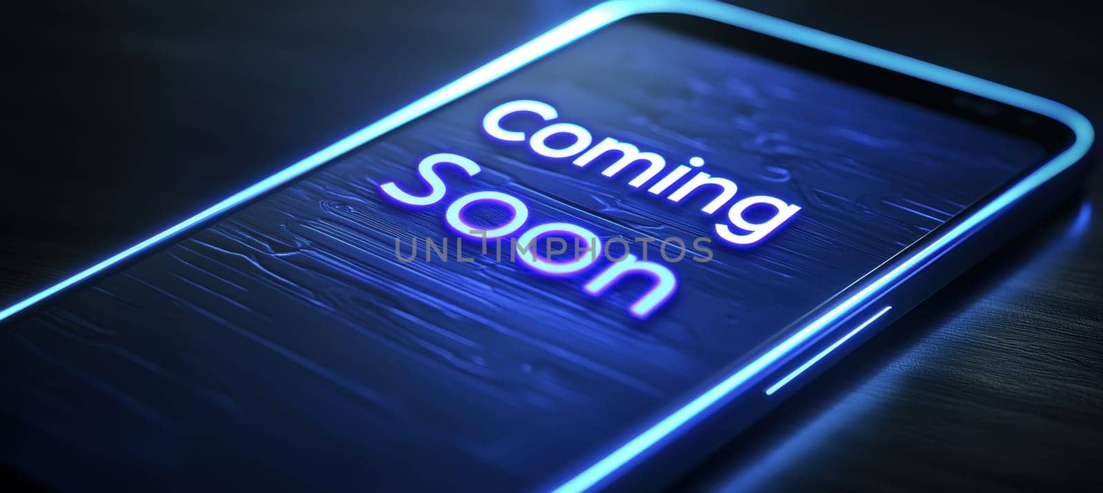 A modern smartphone is bathed in a faint glow, featuring the words coming soon in a sleek, futuristic font. the image highlights innovation and anticipation, ideal for technology marketing and promotional campaigns.