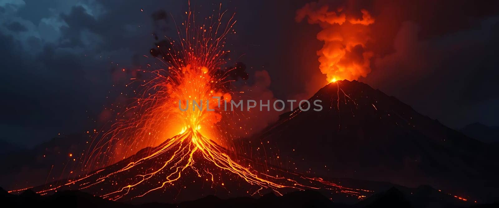 Red embers dance as the mountain roars, fiery tendrils paint the night. Awe and fear intertwine under the smoldering sky.