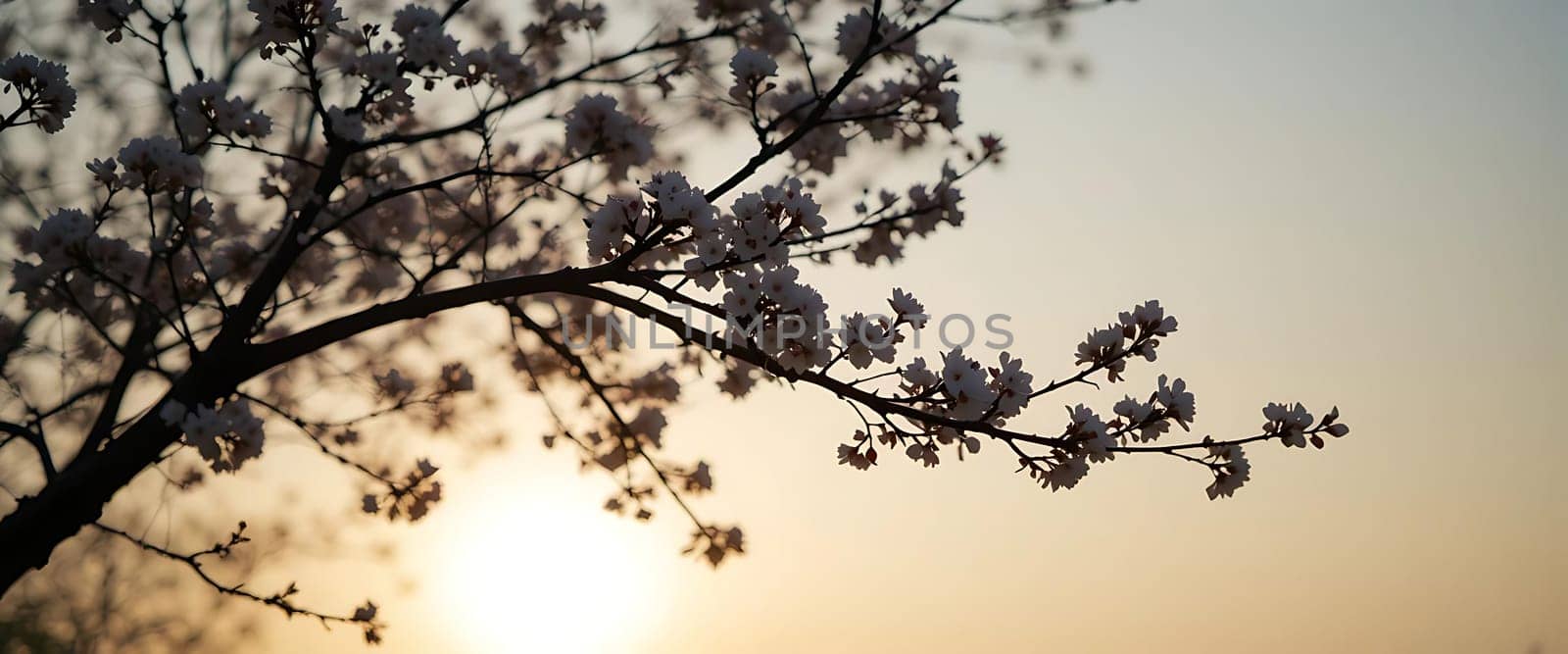 Silhouetted branches stretch out, adorned with delicate white blossoms, as the sun dips low, casting a golden haze. A serene, fleeting moment of bittersweet beauty unfurls, whispering of hope amidst fading light.