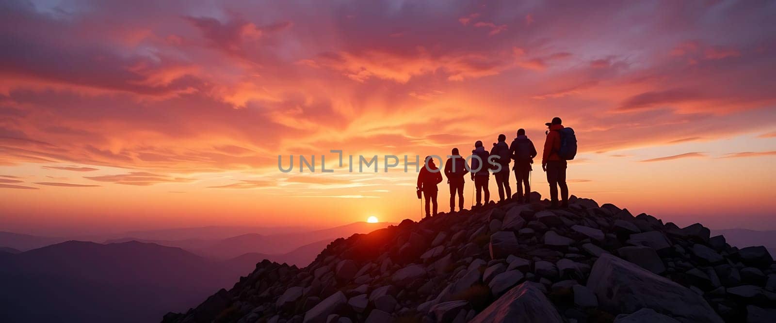 Silhouetted figures stand united atop a craggy peak, bathed in the fiery embrace of twilight. Wisps of crimson and gold paint the expansive sky, as if nature itself whispers triumph and camaraderie. The cool, fleeting breeze carries echoes of their journey, mingling with the serene silence of the fading day.
