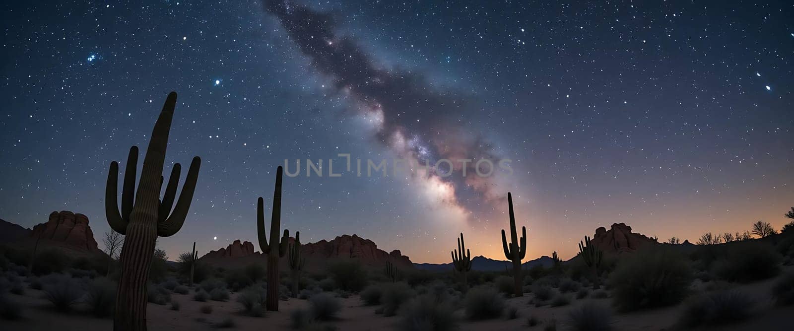 Beneath a velvet night, stars whisper secrets to towering cacti. The Milky Way's glow bathes the desert in quiet majesty, evoking a sense of awe and tranquility. Silence hums, as ancient rocks bear witness to the universe's silent dance.