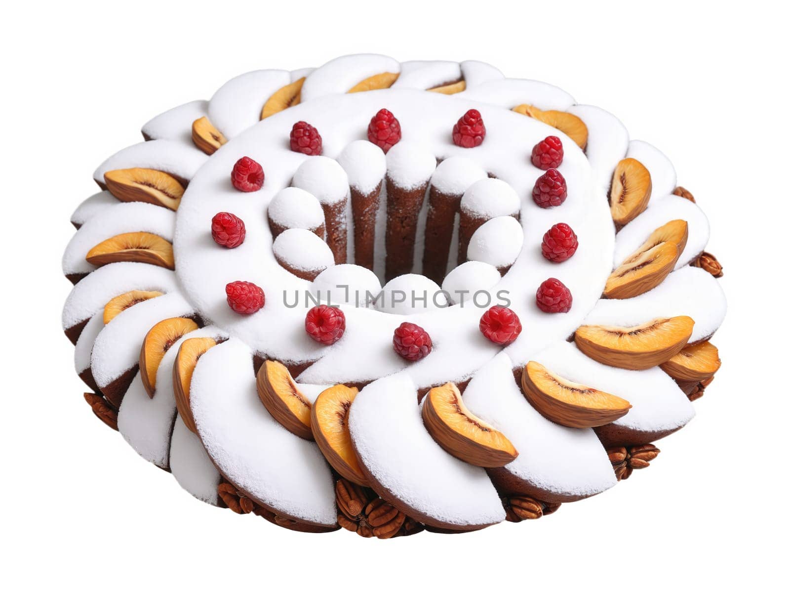 Fruit Cake, dried fruit spiral, nut scatter, powdered sugar snow, warm glow, commercial photography, transparent background..