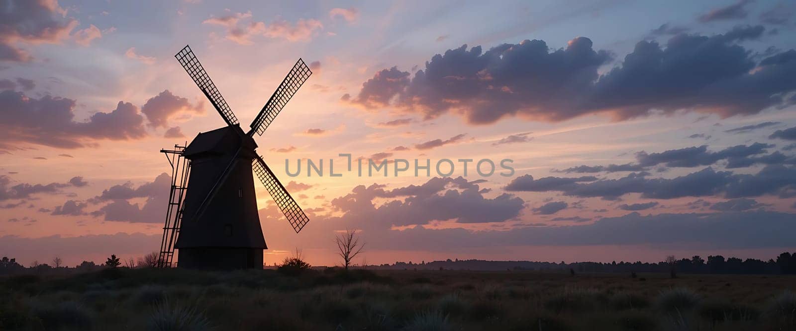 As twilight paints the sky in hues of amber and lavender, a solitary windmill stands stoic against a tapestry of wispy clouds. Whispers of a fading day echo across the tranquil field, evoking a serene melancholy that tugs at the heart.