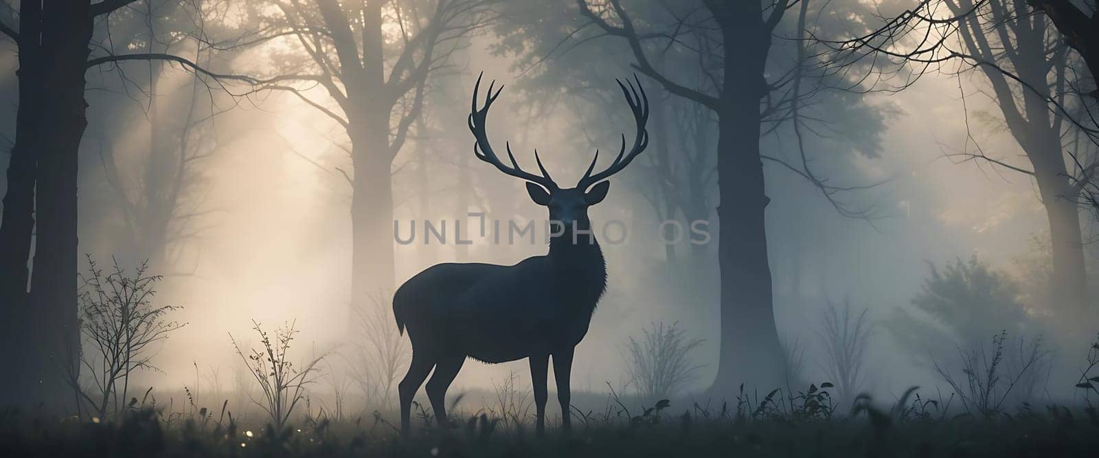 In a misty, ethereal forest, a majestic stag stands, his silhouette stark against the ghostly light. The air is thick with mystery, as the ancient trees whisper secrets. A sense of awe and quiet reverence fills the heart.