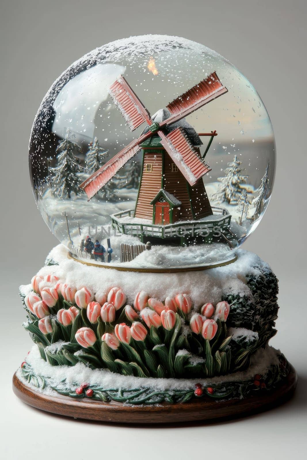 A decorative snow globe featuring a picturesque snowy windmill surrounded by frosted tulip fields. delicate snow swirls inside, the classic dutch patterns on the ornate base, perfect for festive home displays or gifts.