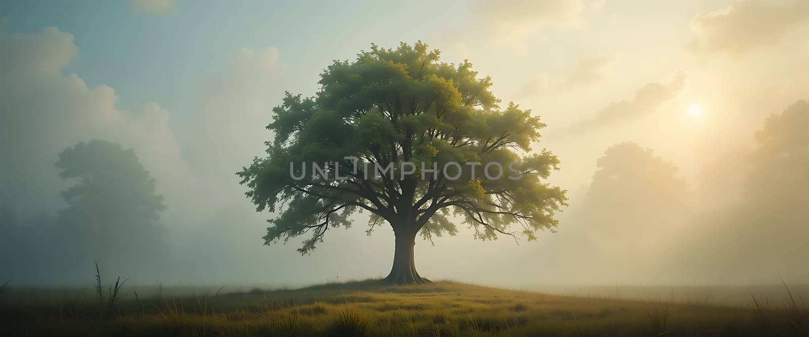 Misty dawn illuminates a solitary tree, its leaves whisper secrets to the golden rays. Tranquility envelops the dew-kissed field, a serene sanctuary for the soul.
