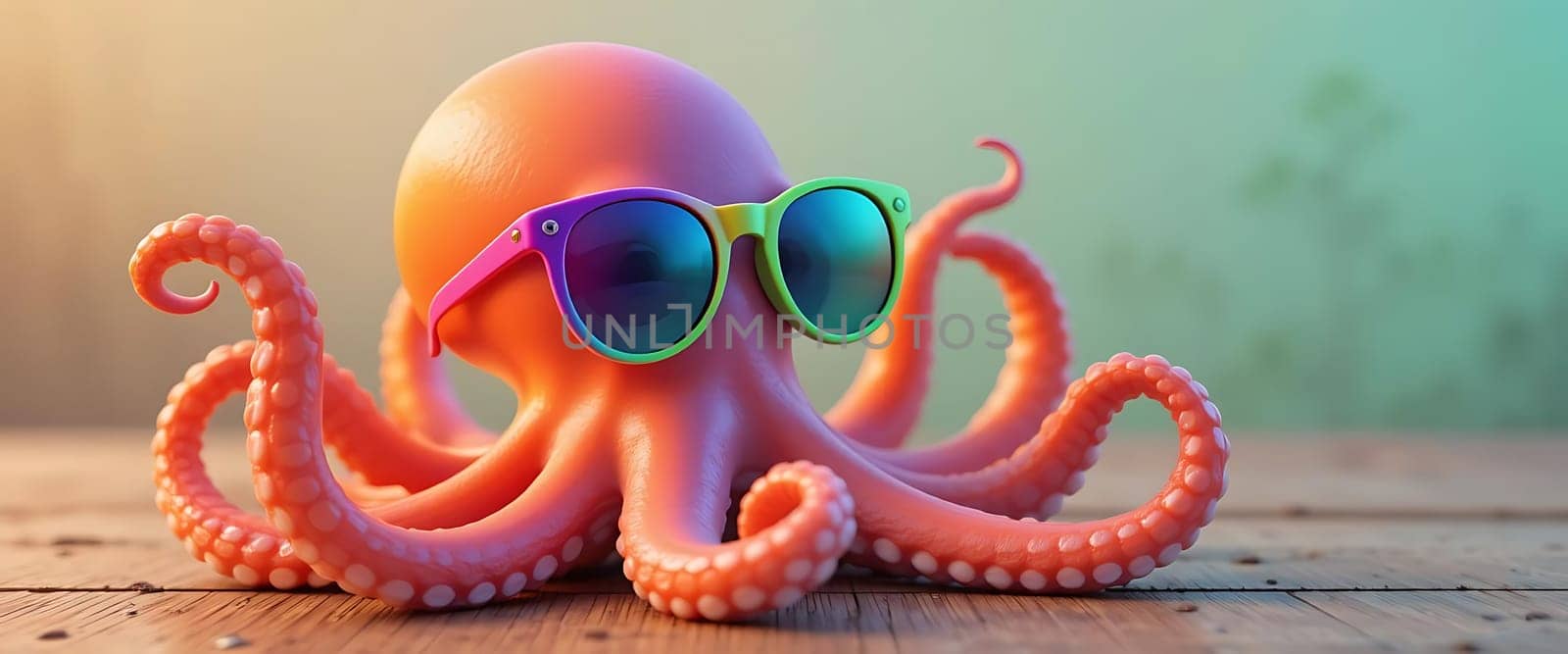 A playful octopus basks in the sun, donning vibrant sunglasses with a laid-back charm. Its tentacles stretch in a carefree dance, evoking a whimsical summer day filled with joy and laughter. The warm sunlight and vivid colors create an atmosphere of pure, unadulterated fun.