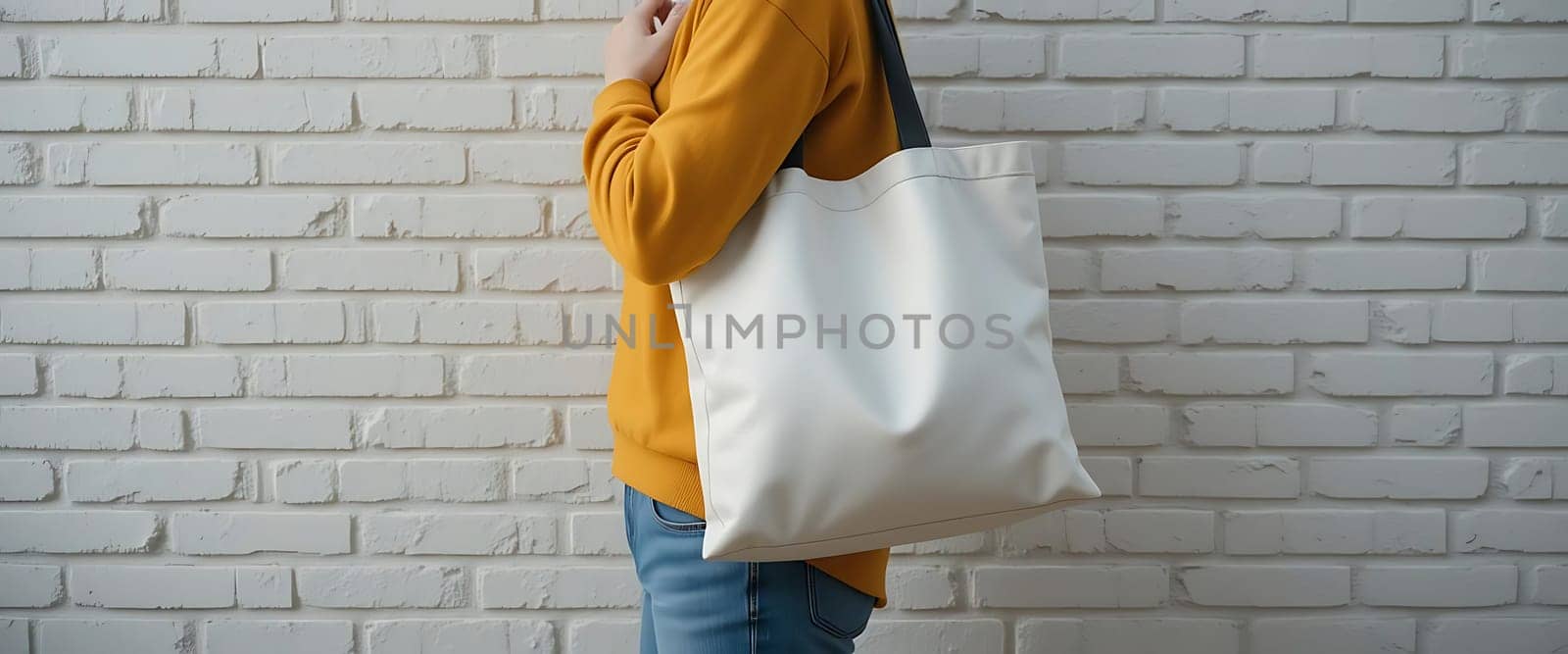 Against a weathered brick wall, a figure in a mustard sweater clutches a pristine, empty tote. The contrast of warm fabric against cool stone evokes a sense of solitude and anticipation, a quiet moment held in suspense, waiting to be filled. The scene whispers of new beginnings, of unwritten stories yearning to unfold.