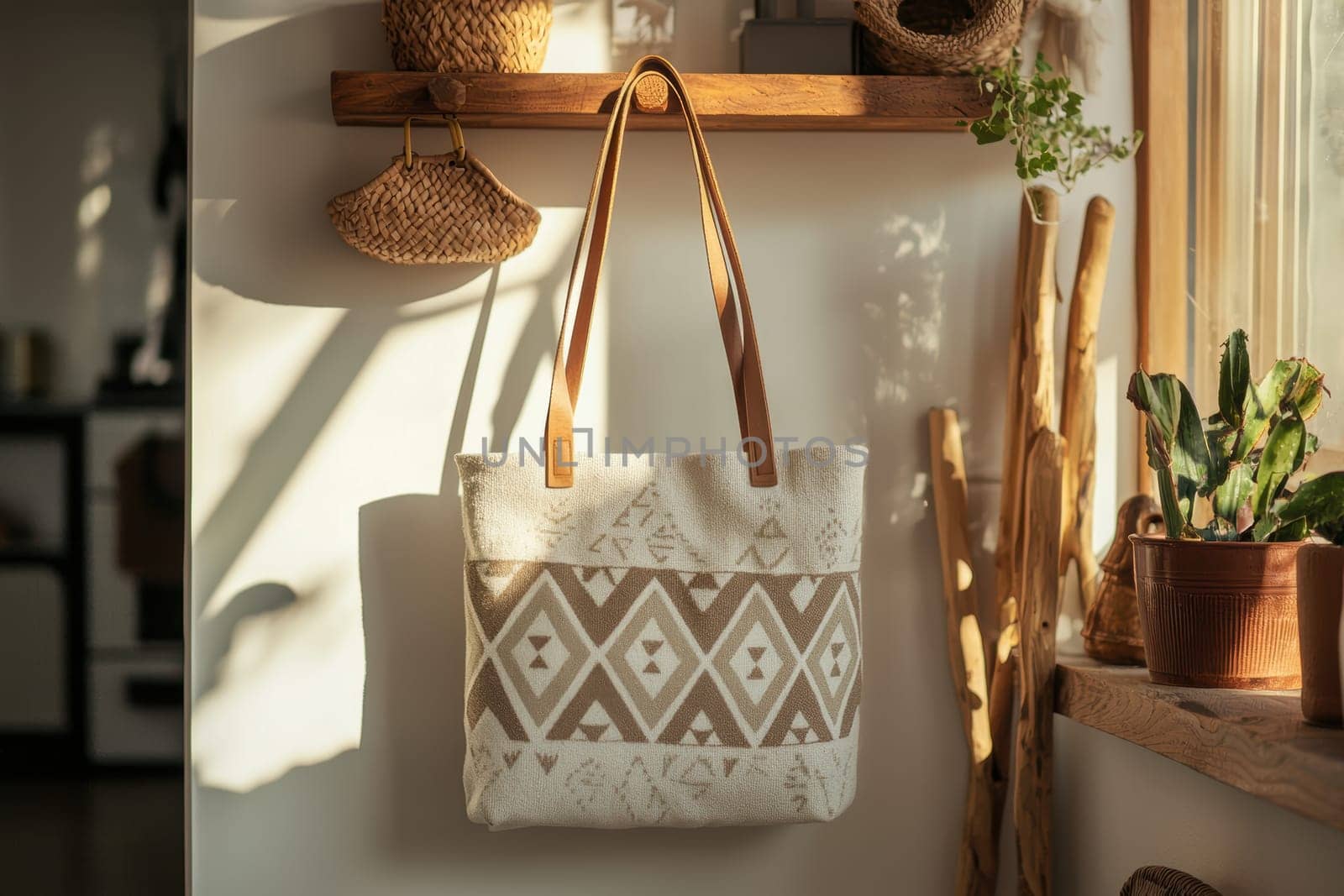 A trendy tote bag with geometric patterns is displayed on a wooden coat rack in a scandinavian style interior. the scene is set with warm lighting, a blend of minimal decor, and natural elements, creating a cozy and inviting atmosphere.