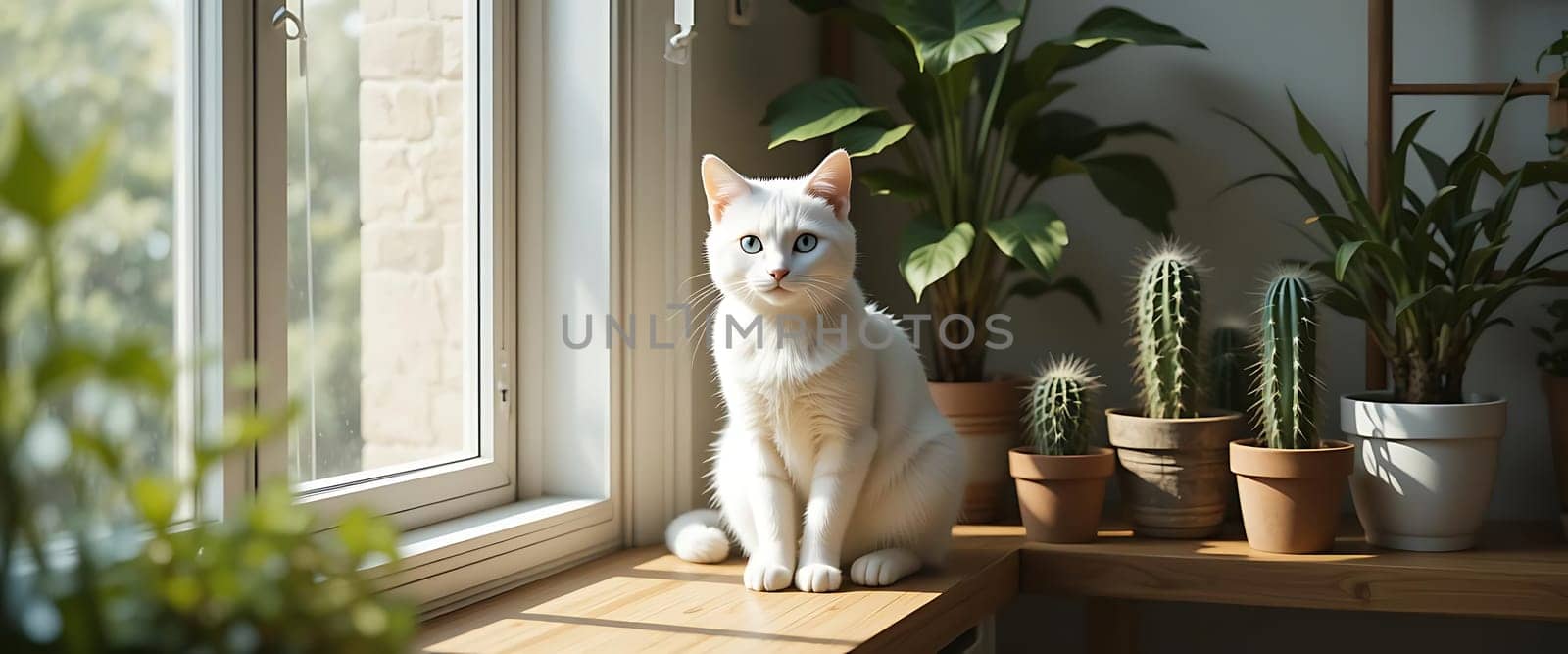 A serene sunlit nook where a curious white cat sits, surrounded by verdant plants, invoking a sense of calm and warmth.