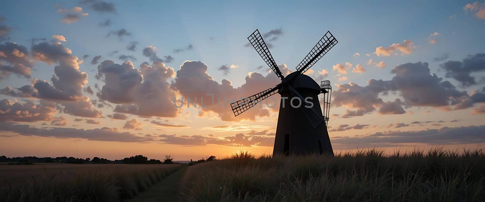 Against a fiery sunset, a lone windmill stands tall, its silhouette etched against the golden sky. The air is still, yet filled with the whispers of history. Golden fields sway in gentle twilight, evoking a sense of tranquility and timeless beauty.