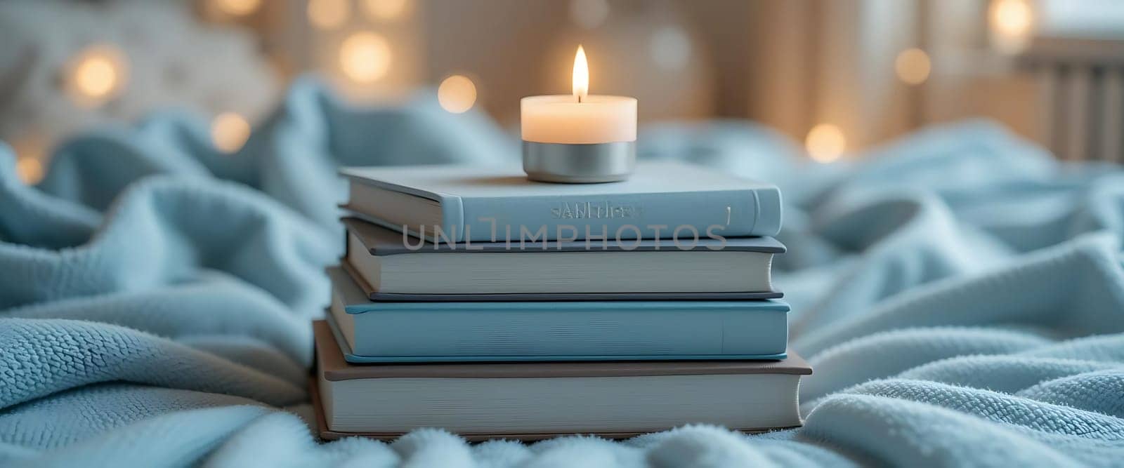 Soft blue books rest under a flickering candle, nestled in cozy blankets. Warmth and tranquility embrace the scene, inviting quiet reflection and comforting solitude. The gentle glow of distant lights adds to the serene, calming atmosphere.