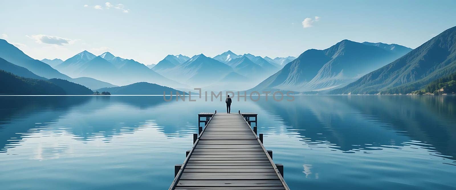 Serene silence wraps around the lone figure on the dock, as mist-kissed mountains mirror in the still, glassy lake. Solitude and peace embrace the heart, inviting introspection beneath the vast, tranquil sky.