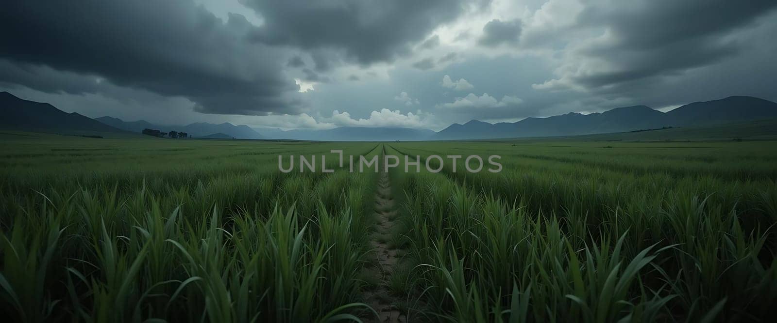 A symphony of emerald fields stretches to the horizon, where storm clouds gather, whispering secrets to distant mountains. A path cuts through, beckoning us toward the heart of the tempest, where hope and uncertainty entwine under a moody, dramatic sky.