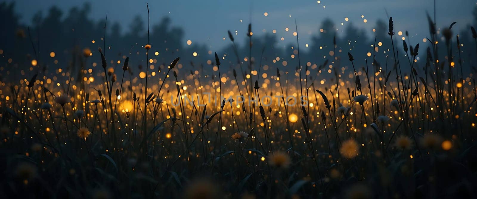 In twilight's hush, a meadow dances with golden sparks, as if stars fell to earth. Warm whispers of light weave through the grass, stirring a sense of wonder and tranquil magic.