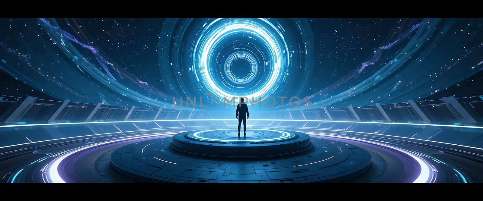 In a cosmic cathedral of light, a lone figure stands before a portal to the unknown. Echoing silence, pulsating rings, and ethereal blue glow ignite awe and anticipation. The universe whispers ancient secrets, beckoning the brave to step into mystery.