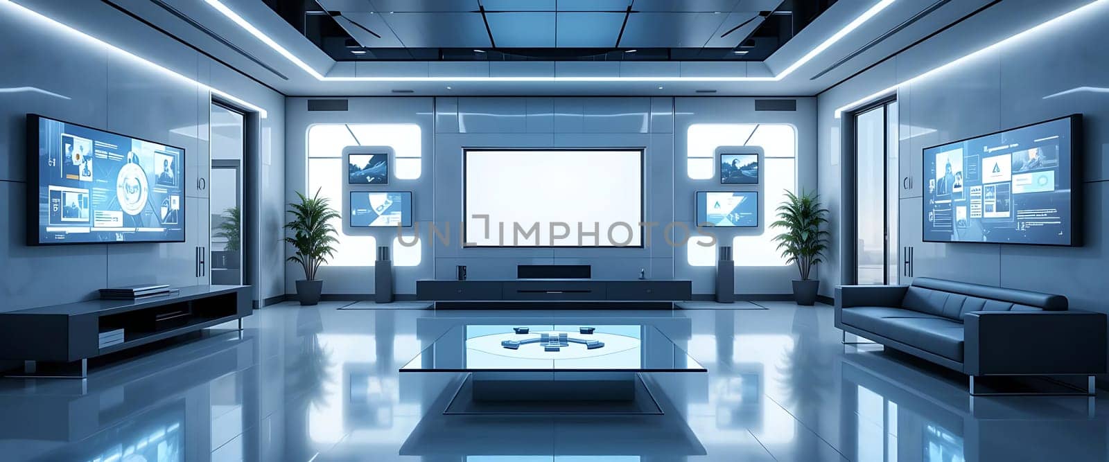 In the cool, futuristic glow, a sleek lounge unfolds. Shadows dance across polished floors, reflecting digital screens alive with information. Soft, ambient light hums, as if whispering secrets of tomorrow. The air is crisp, charged with anticipation. It's a sanctuary of innovation, where the future feels tantalizingly close.