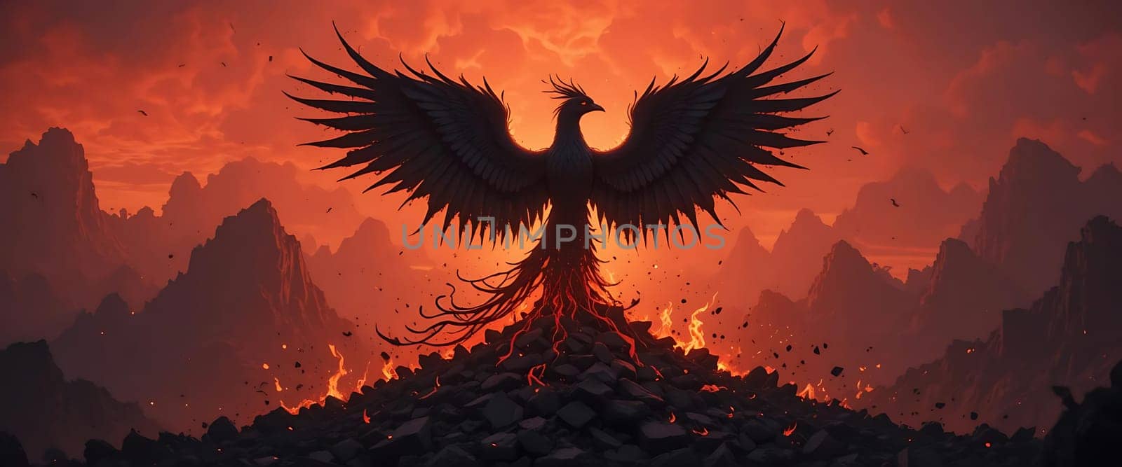 A fiery phoenix rises from ashes, wings spread wide against a smoldering sunset. Ember-red skies burn with resilience and defiance, echoing a symphony of rebirth amidst charred ruins. Hope ignites in the heart of desolation.