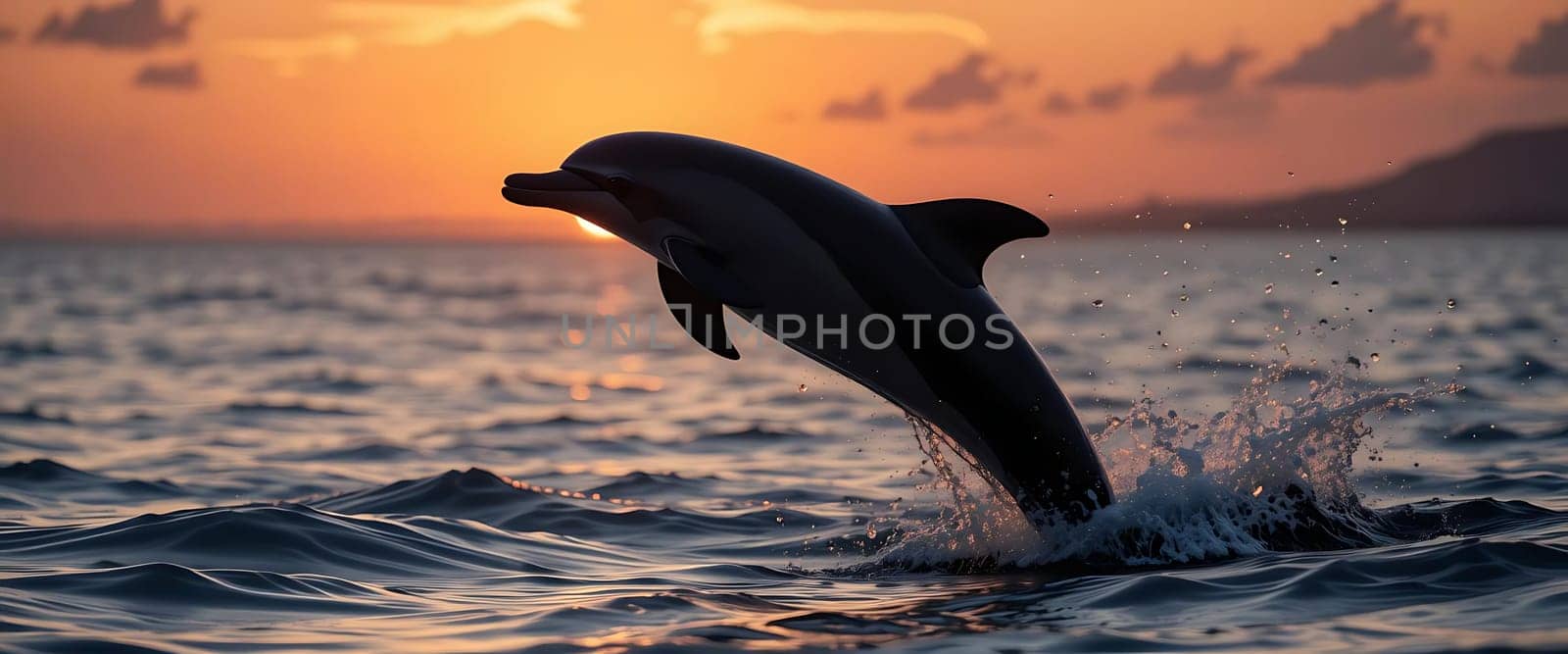 A dolphin leaps into a sunset-kissed sea, splashing freedom and joy. The golden sky whispers tranquility, as waves dance in the fading light. Pure serenity.