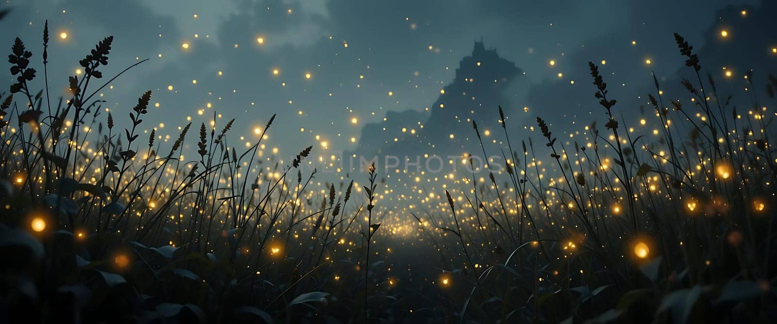 Fireflies dance in twilight's embrace, painting whispers of light across a misty field. A lone castle stands as a silhouetted sentinel, shrouded in enchantment and melancholy. The air is thick with mystery, each glowing speck a fleeting secret.
