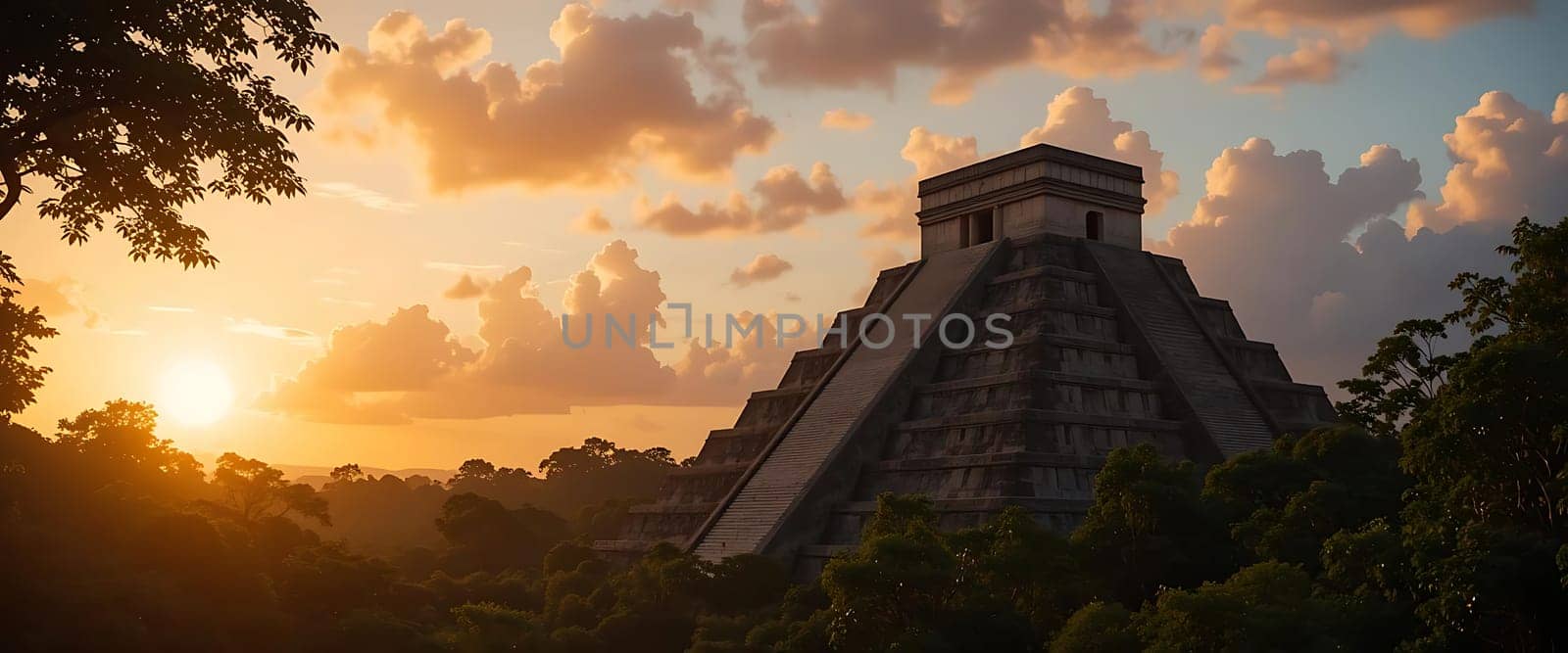 As the sun dips, golden rays pierce the lush canopy, casting mystic shadows on the ancient pyramid. A sense of awe and reverence stirs, whispers of history echoing through the serene, timeless landscape.