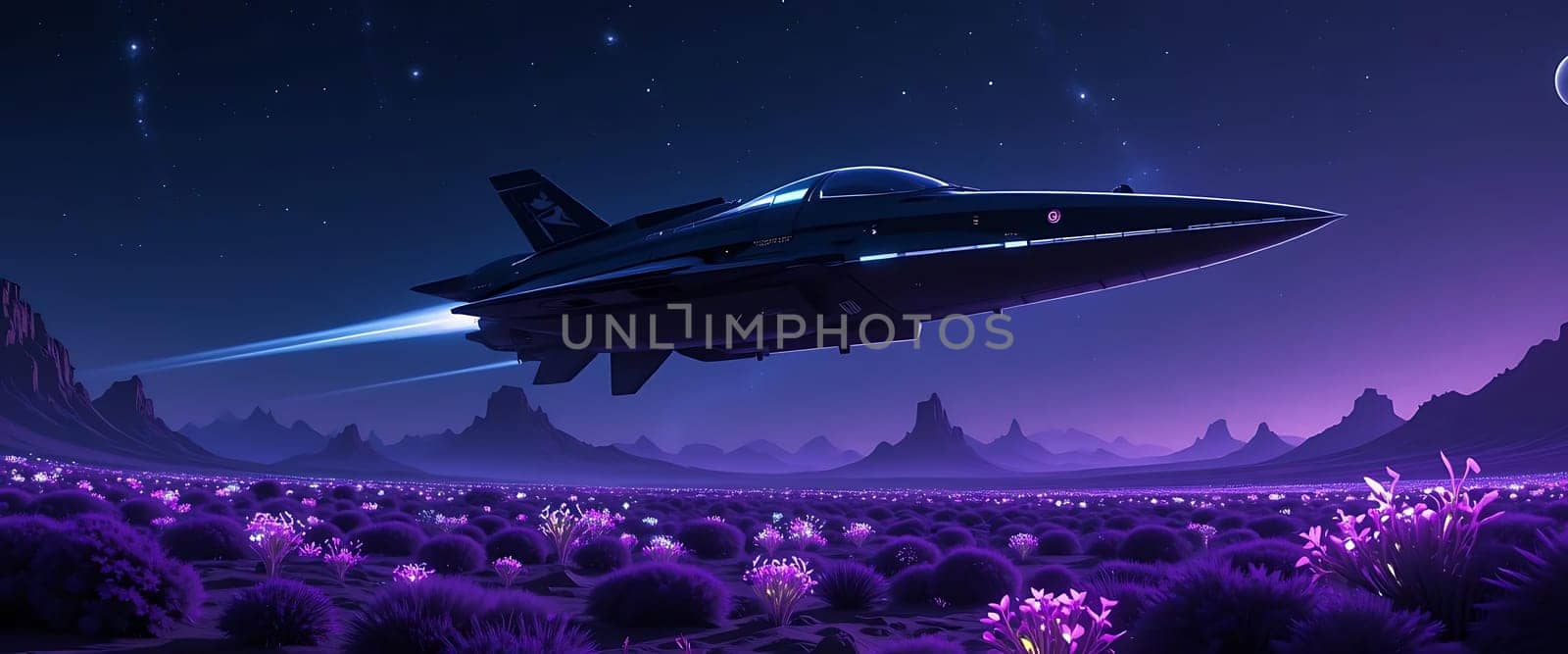 Gliding through the starlit night, a sleek spaceship soars over an alien landscape, its thrusters whispering secrets to neon flora below. Mystery and wonder intertwine in the cosmic silence.