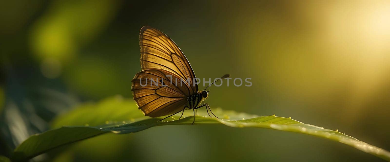 A solitary butterfly, gilded in sunlight, rests on a dew-kissed leaf. The world breathes softly, as nature whispers secrets in tranquil, sunlit harmony.