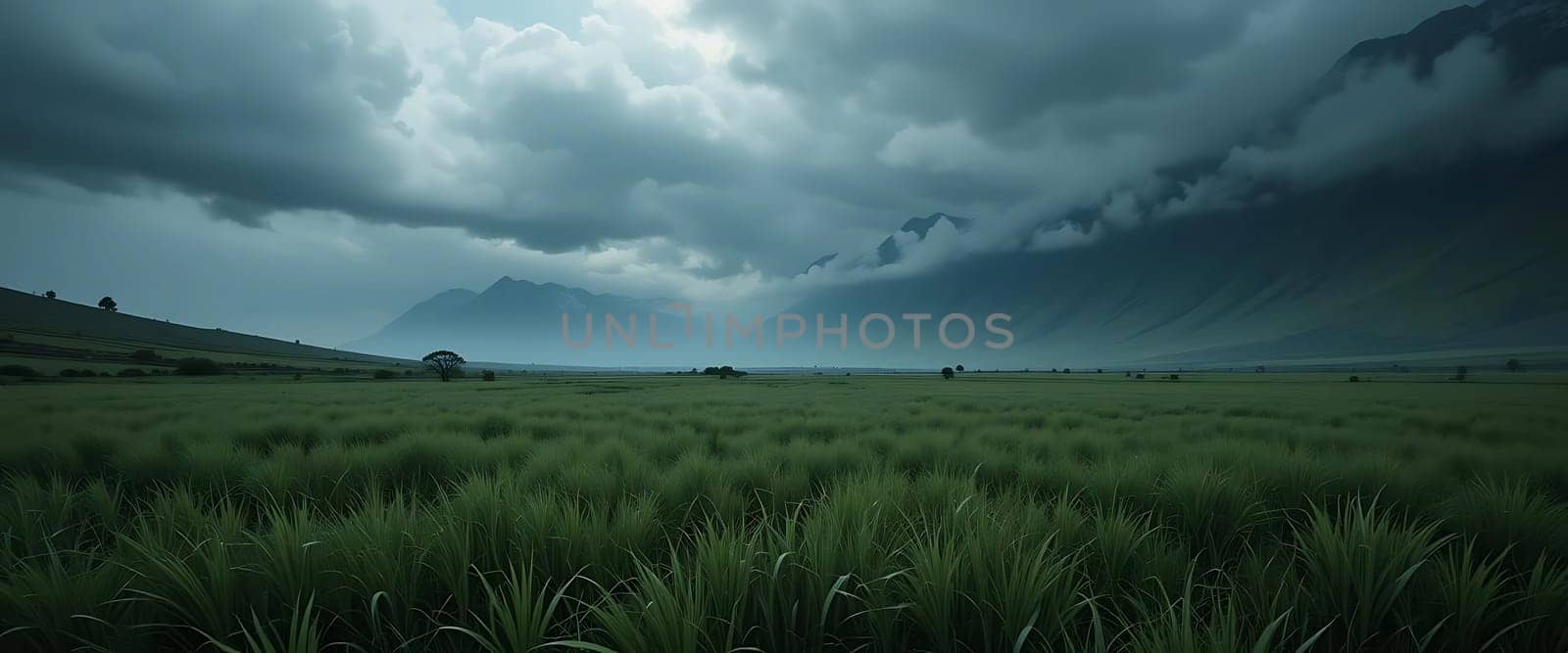 A storm looms over a vast, desolate field. Eerie stillness pervades as dark clouds gather, threatening rain. A lone house stands defiant amidst the gloom, whispering tales of solitude and resilience. The air is thick with anticipation, as if nature itself holds its breath, awaiting the inevitable downpour.