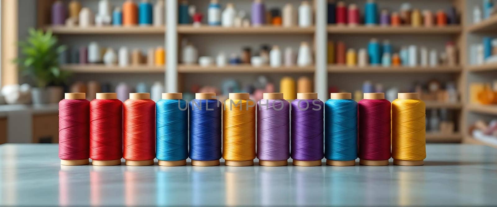 In a creative sanctuary, vibrant thread spools stand like sentinels of inspiration. The air hums with potential, each color singing its own melody of creativity, while the blurred backdrop whispers tales of endless craftsmanship.