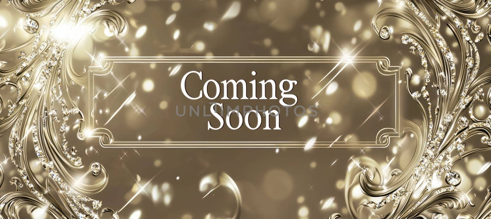 Luxurious "coming soon" banner crafted for a jewelry event. the design features a shimmering golden texture with sparkling diamond accents, surrounded by ornate patterns. ideal for event promotions, posters, or high-end invitation graphics.