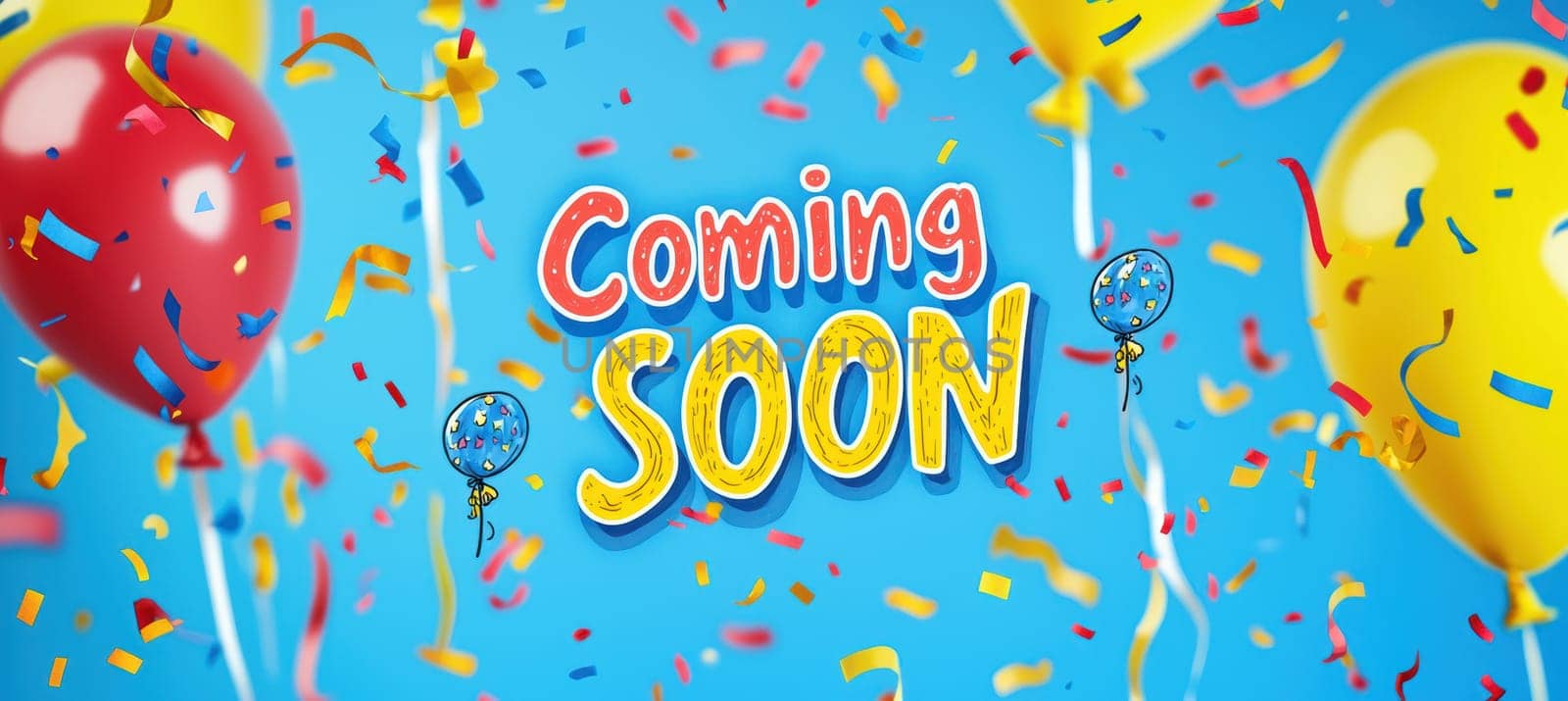 Bright and lively banner designed for a children's product launch, featuring vibrant blue, yellow, and red tones. the scene is enriched with playful illustrations of balloons and confetti, creating a joyful and festive atmosphere.