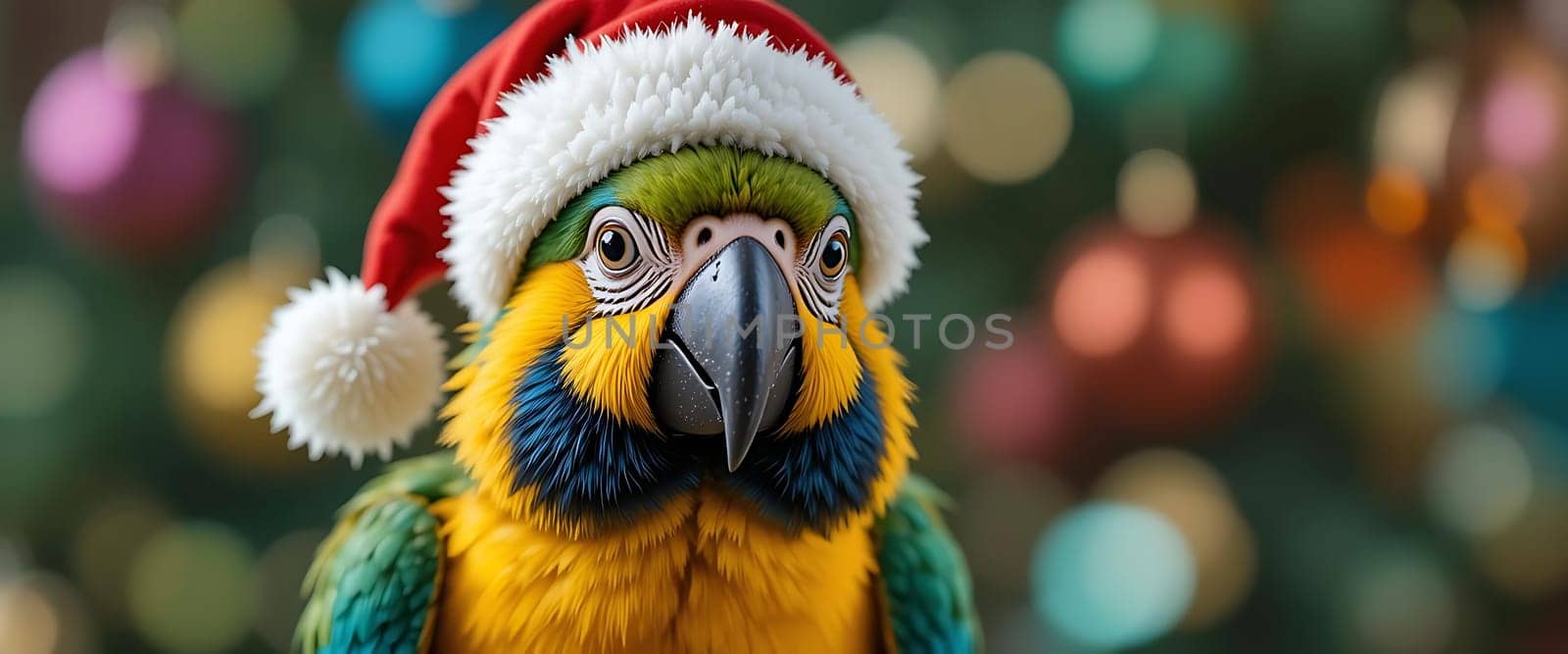 A vivid parrot, adorned in a festive Santa hat, stands out against a backdrop of glowing, multi-colored ornaments. The scene exudes warmth and holiday cheer, invoking a sense of wonder and delight. The bird's bright feathers and inquisitive gaze evoke joy and curiosity, capturing the magic of the season.