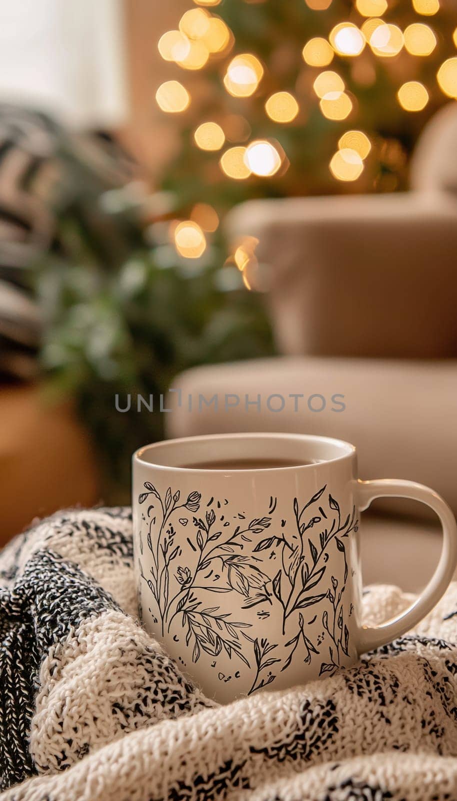 A glossy white mug adorned with a hand drawn floral pattern sits on a knitted surface. warm, soft lighting and blurred bokeh lights in the background create a cozy ambiance, perfect for showcasing home decor or lifestyle themes.