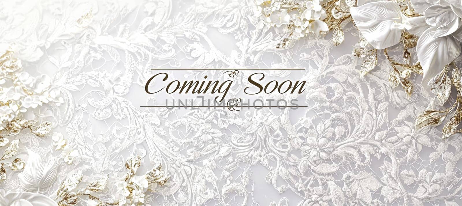 Luxurious wedding event banner featuring soft white and gold tones, intricate lace patterns, and elegant floral elements. serif fonts add sophistication, perfect for invitations, announcements, and event promotions. ideal for print or digital use.