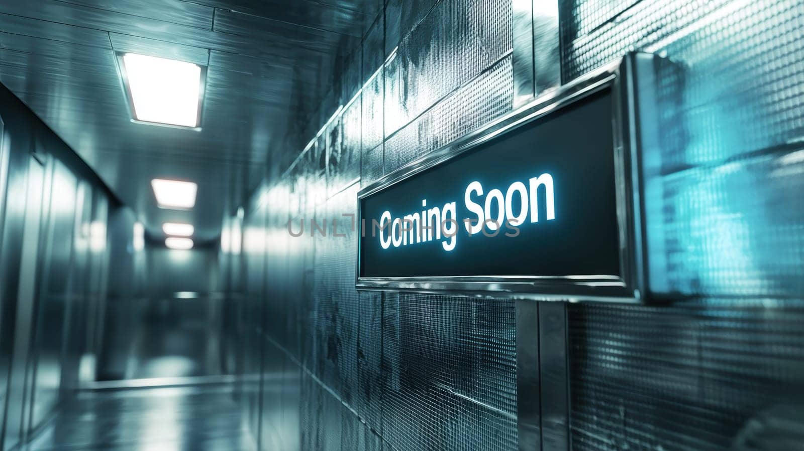 A futuristic glowing "coming soon" sign hovers in a sleek, metallic setting. the reflective surfaces and ambient lighting create a cutting-edge, high-tech atmosphere, ideal for innovative designs and modern concepts.