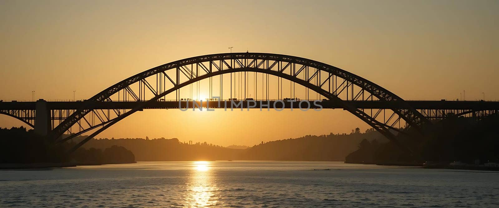 Golden hour's gentle embrace silhouettes a grand arch bridge, as the sun's final kiss dances on tranquil waters below. A serene, almost melancholic calm permeates the air, echoing the day's peaceful end.