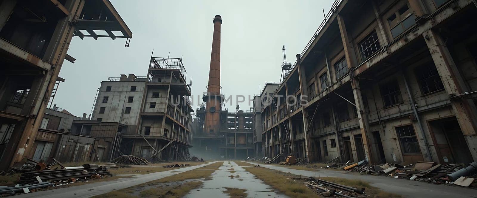 A haunting silence drapes the decaying factory. Rusty shadows loom, echoing forgotten labor. Puddles mirror the emptiness, while the towering smokestack stands as a grim sentinel. Desolation presses in, whispering tales of abandonment.