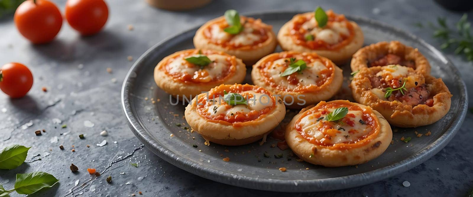 Warm, inviting mini pizzas glisten on a rustic slate, their cheesy tops blushing under herb garnishes. Scattered tomatoes and spices hint at a cozy, homemade feast, evoking comfort and joy in every bite.