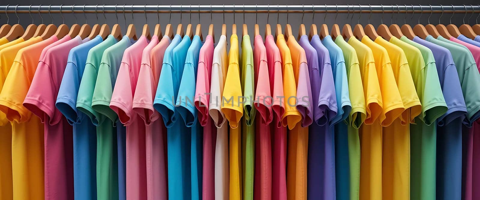 Vibrant t-shirts cascade in a rainbow spectacle, each hue whispering joy and warmth. Hanging like a colorful symphony, they stir a childlike wonder, invoking a playful, cheerful atmosphere.