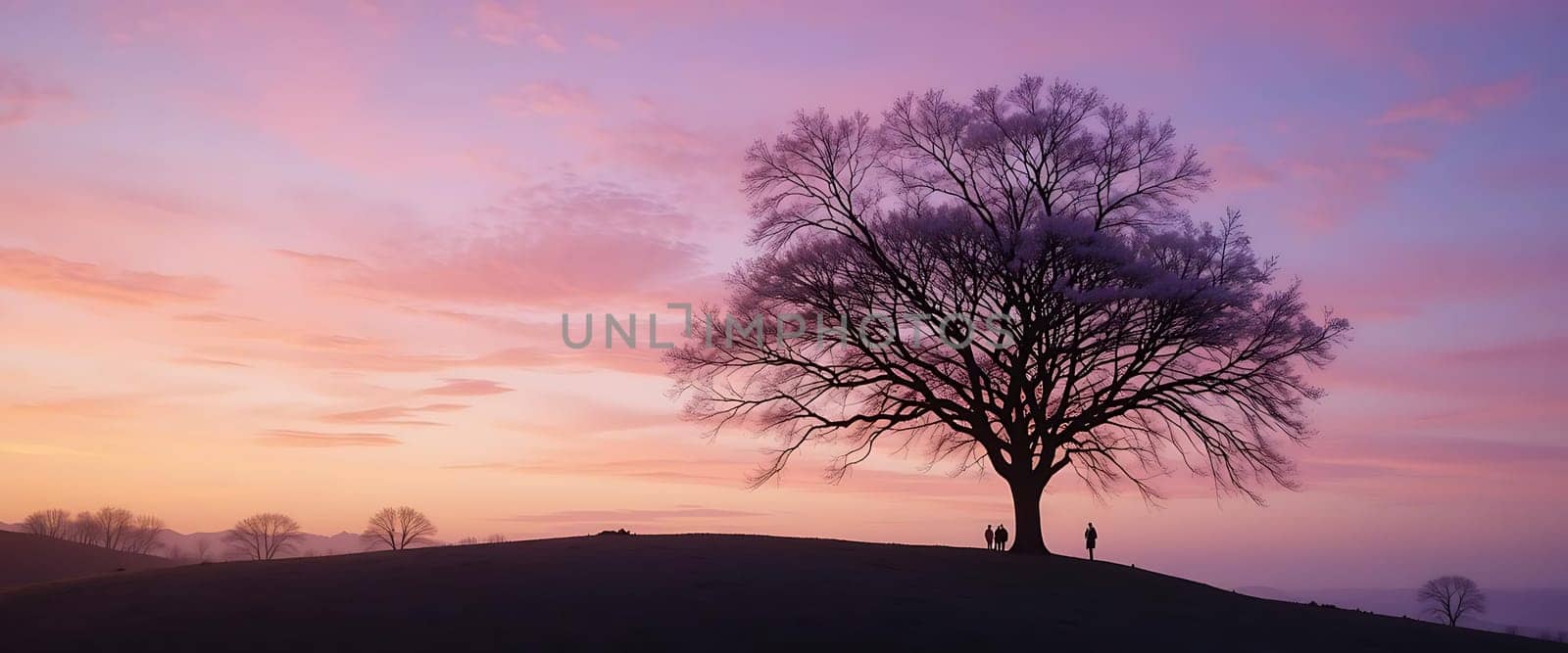 Beneath a cotton-candy sky, a lone tree's silhouette reaches towards twilight's gentle embrace. Whispers of tranquility and solitude dance in the muted breeze, evoking a serene, melancholic stillness. Shadows stretch, as if to touch the fading light, while distant figures echo the silent bond shared between nature and the soul.