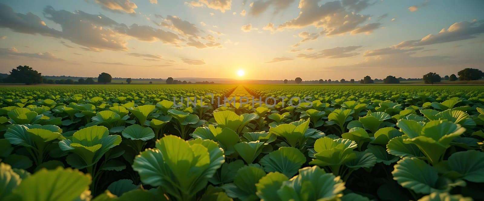 Golden sun kisses the horizon, painting the sky in hues of tranquility. A sea of vibrant greens stretches out, swaying gently in the serene breeze. Hope blooms in every leaf, as nature whispers promises of a peaceful dawn.